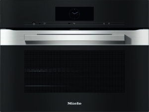 Front view of a black Miele built-in oven with a brushed stainless steel handle and a round clock on the control panel.