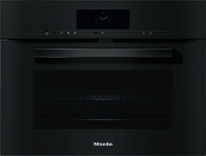 Black built-in oven front with a centered digital clock display, minimalist controls, and a large glass door below the handle (Miele)