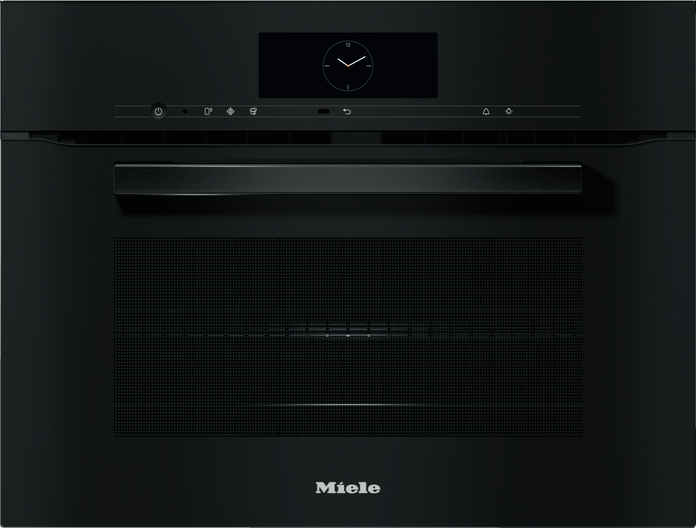 Black built-in oven front with a centered digital clock display, minimalist controls, and a large glass door below the handle (Miele)