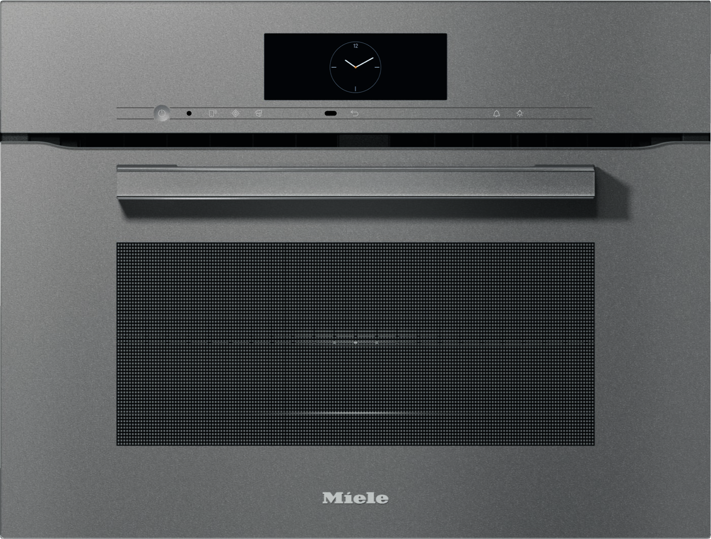 Front view of a Miele built-in oven with a digital clock display and metal handle on a gray stainless finish.