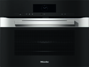 Front view of a sleek black Miele built-in oven with a stainless steel handle and control panel, clock display in the center.