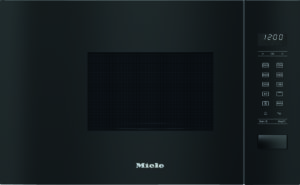 Front view of a black Miele microwave oven, showing the door with a vented panel and a right-side control panel with a digital display.