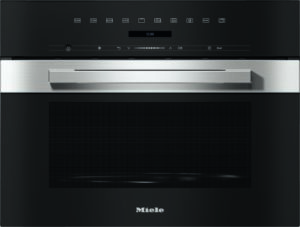 Front view of a Miele built-in oven with a brushed stainless steel handle, black control panel, and dark glass door.