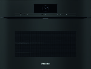 Front view of a black Miele oven with a circular clock on the control panel and a vented lower door area