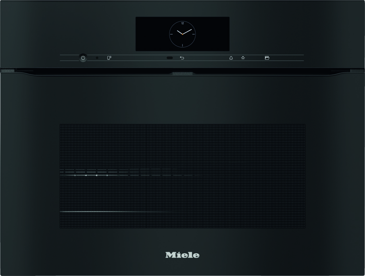 Front view of a black Miele oven with a circular clock on the control panel and a vented lower door area