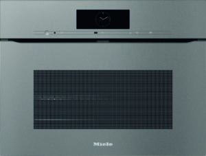 Front view of a gray Miele oven with a black rectangular display showing a clock and a slim control panel above a vent.