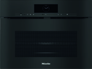 Miele oven front with a centered digital clock display and slim control strip above the door.