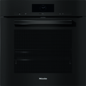 Front view of a black Miele oven with a digital clock on the control panel and a slim horizontal control bar above the door handle.