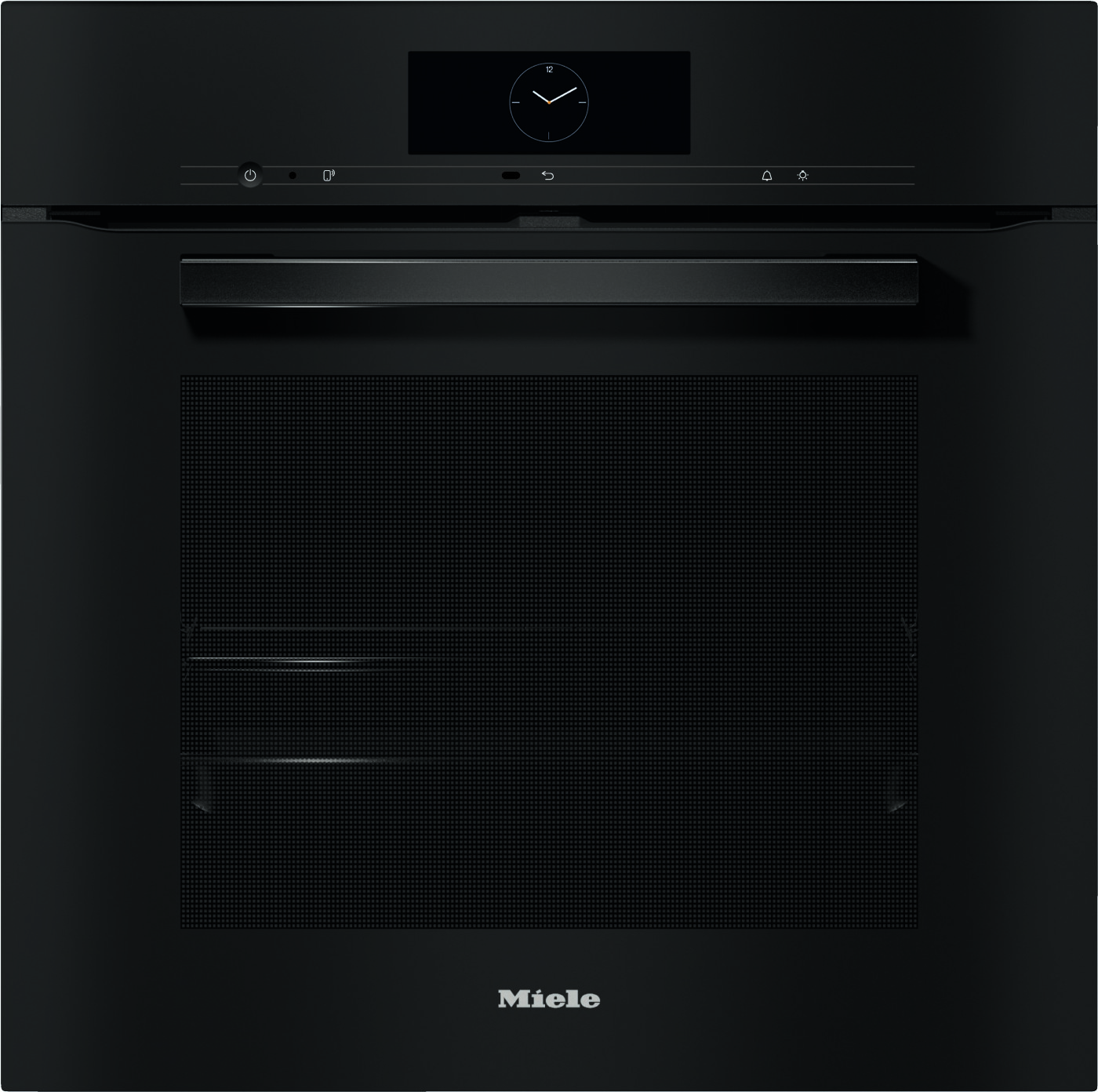 Front view of a black Miele oven with a digital clock on the control panel and a slim horizontal control bar above the door handle.
