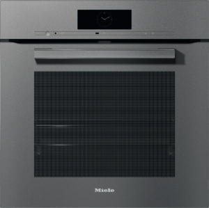 Front view of a Miele stainless steel built-in oven with a digital clock on the control panel and a long horizontal handle above the door.