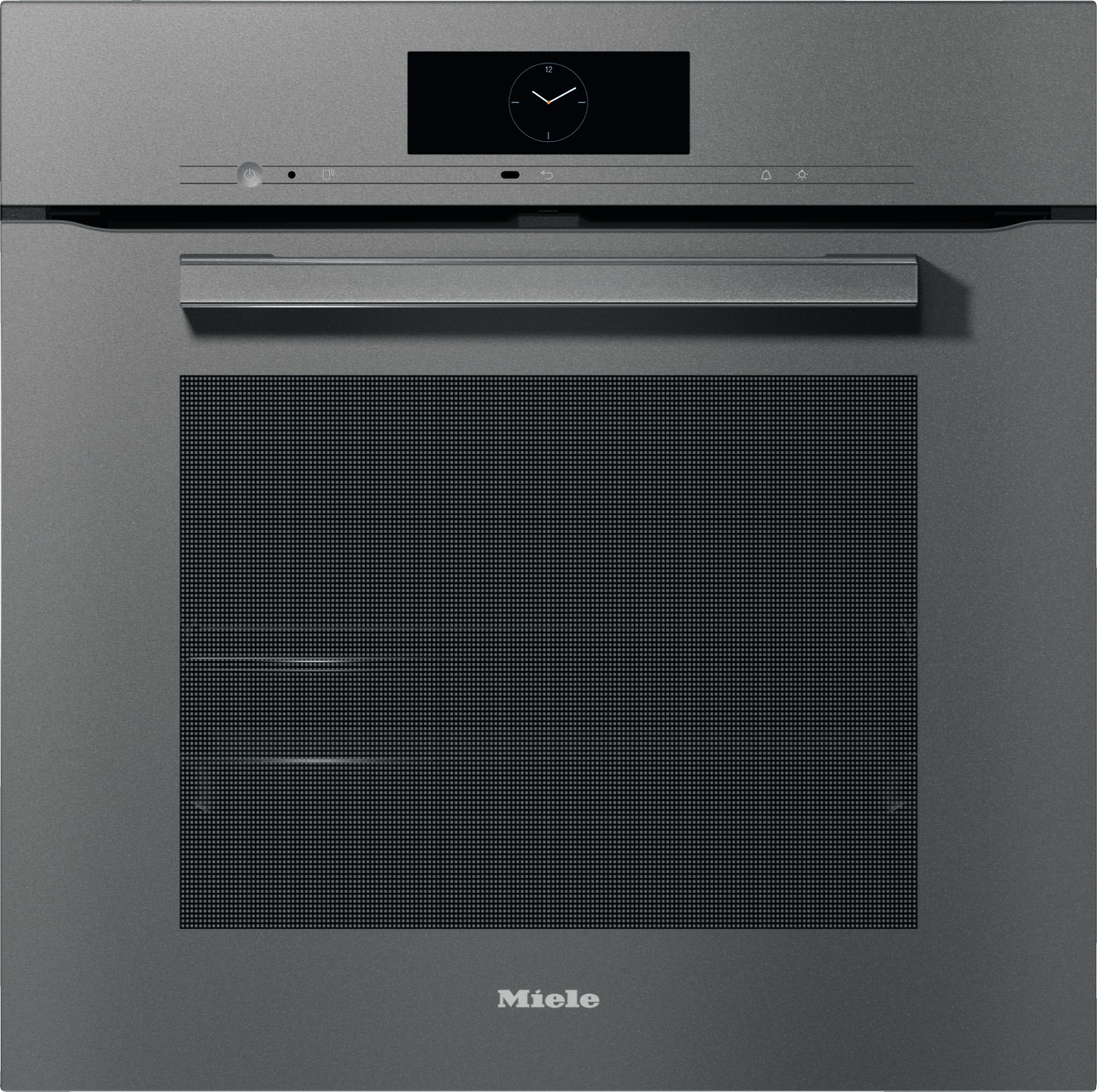 Front view of a Miele stainless steel built-in oven with a digital clock on the control panel and a long horizontal handle above the door.