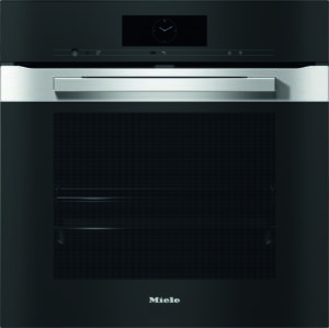 Front view of a black Miele built-in oven with a stainless steel handle and clock display on the control panel, centered on the appliance.