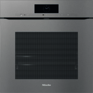 Miele built-in oven front with digital clock display and slim control panel, metallic finish