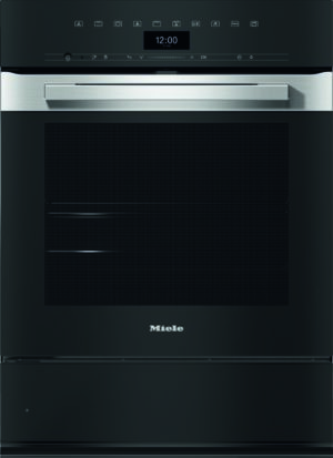 Miele built-in electric oven with stainless steel handle, black control panel, and digital clock showing 12:00