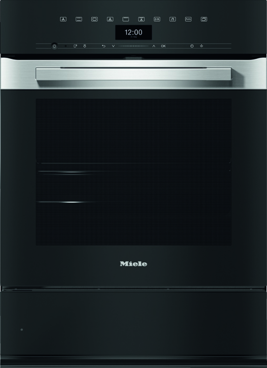 Miele built-in electric oven with stainless steel handle, black control panel, and digital clock showing 12:00