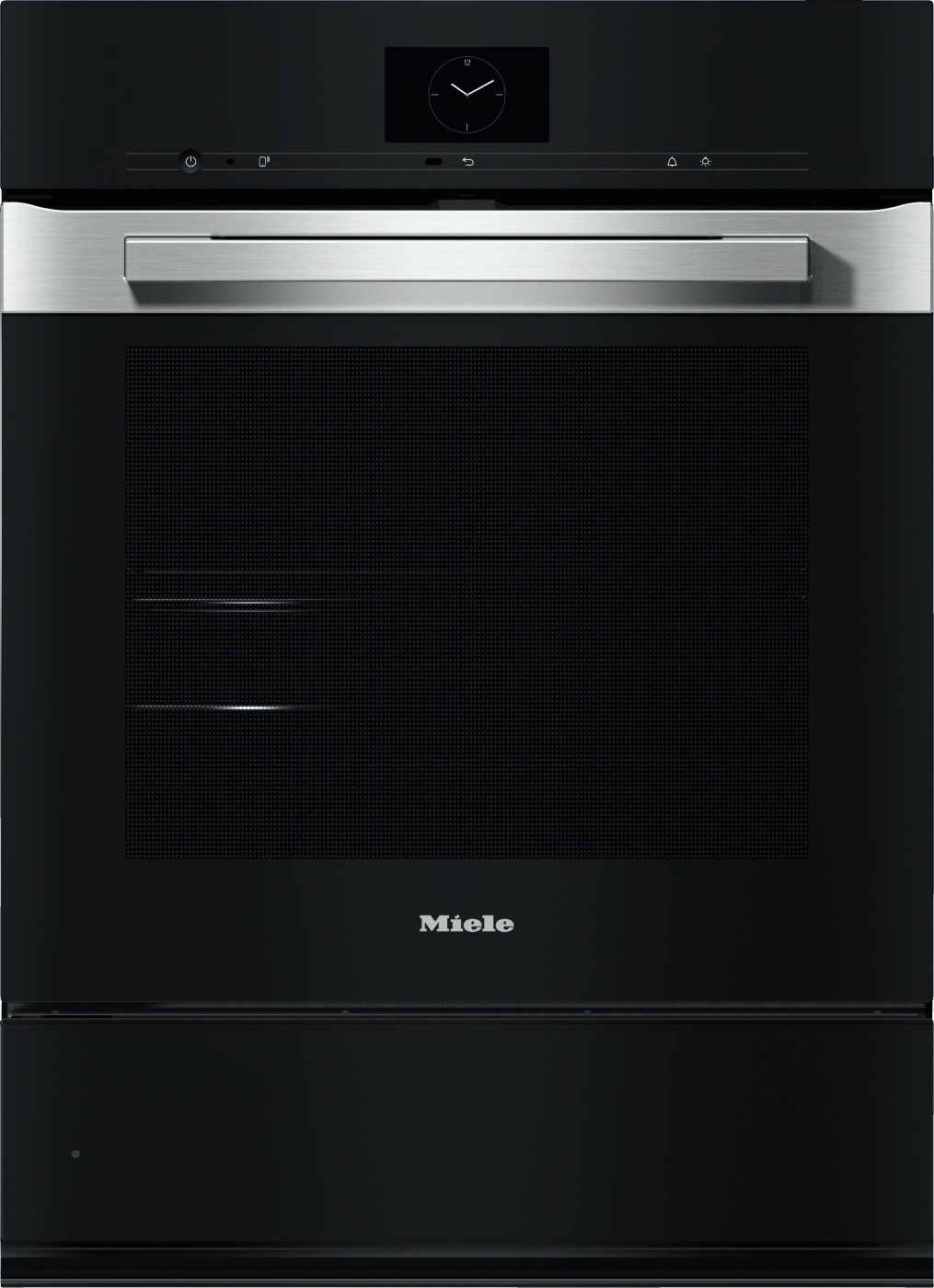 Black Miele oven with a wide stainless steel handle, digital clock display, and a bottom storage drawer visible beneath the door.