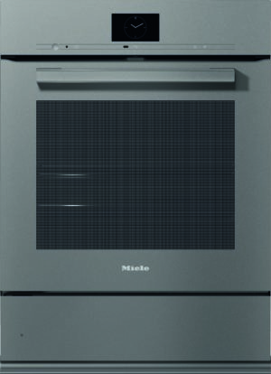 Front view of a stainless steel Miele oven with a large black glass door, handle, control panel, and built-in clock.