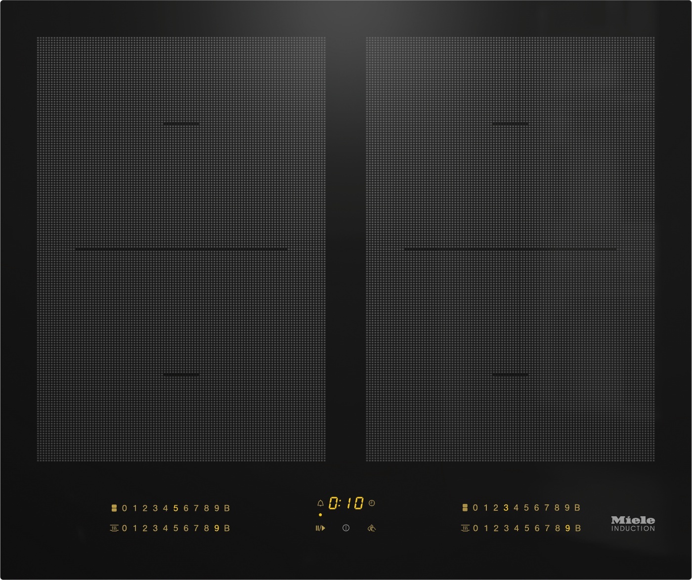 Two-zone Miele induction cooktop with dotted burner patterns and a central timer showing 0:10, gold control labels along the bottom edge.