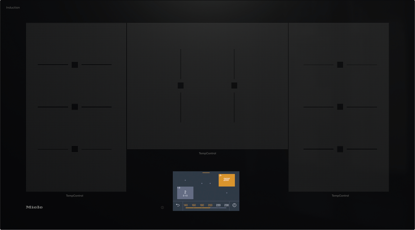 Induction cooktop with four zones and a central control panel; orange 200° indicator on the right zone; 'TempControl' labels under side zones; Miele branding in bottom-left corner.