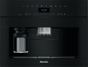 Miele coffee machine front view with digital control panel and built-in grinder on the left side.