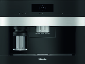 Front view of a black Miele espresso machine with a brushed stainless steel band and chrome portafilter beneath the group head, on a dark surface.]','Built-in coffee maker by Miele; black body, silver control panel, and a shiny portafilter ready for use.','Miele high-end espresso machine showing the portafilter and sleek modern controls on a dark cabinet.','Espresso machine with chrome portafilter and minimalist, motionless control strip; brand visible as Miele.','Modern kitchen coffee machine (Miele) with stainless steel band and central portafilter, black finish.