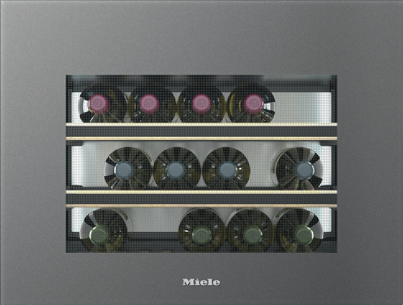 Open-front view of a Miele appliance showing three shelves with large cooling fans behind a perforated door.