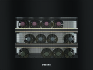 Miele appliance with three rows of circular cooling fans seen behind perforated panels in a dark display.