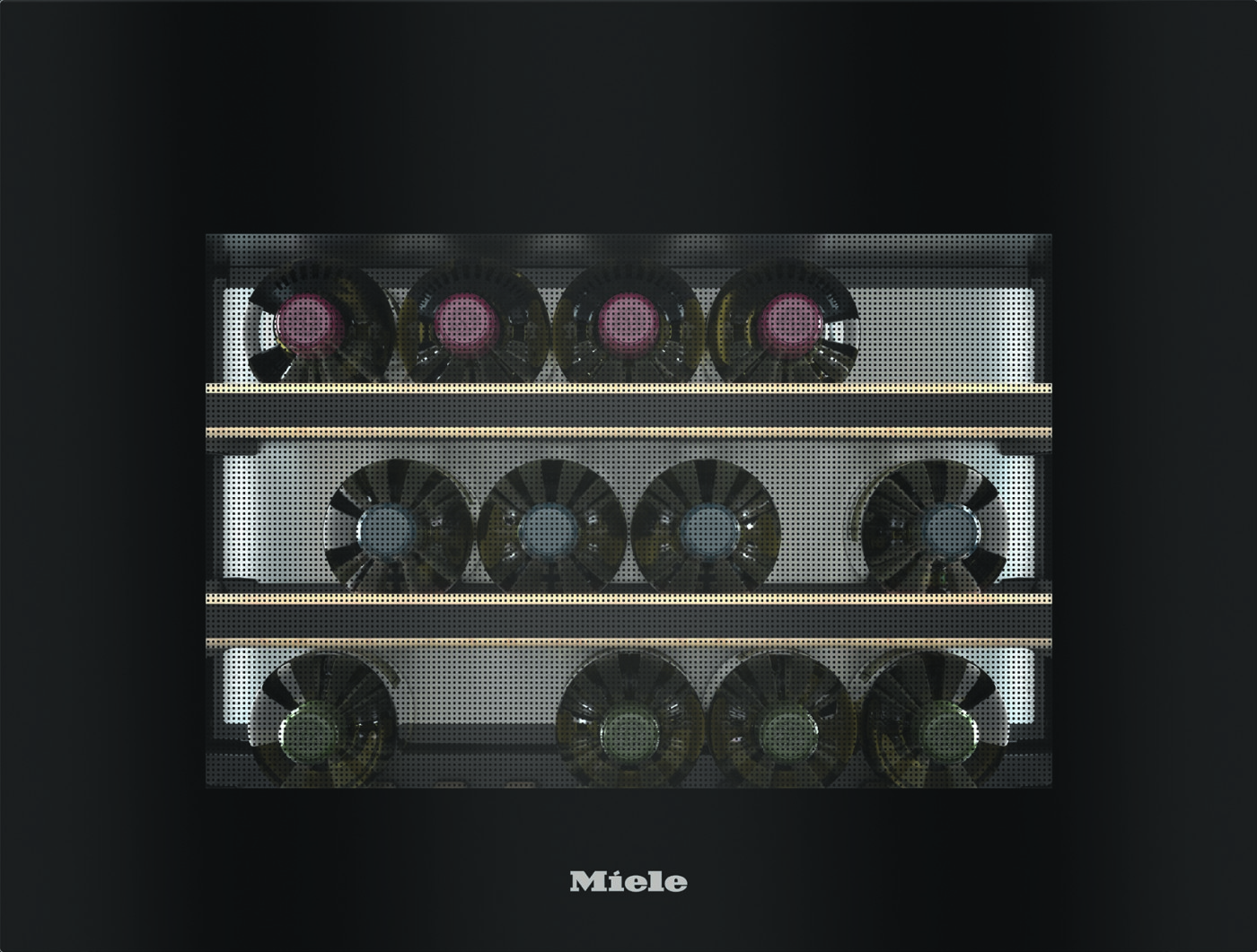 Miele appliance with three rows of circular cooling fans seen behind perforated panels in a dark display.