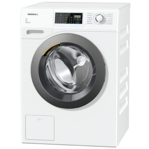 White front-loading washing machine with a round glass door and digital control panel on top-left edge