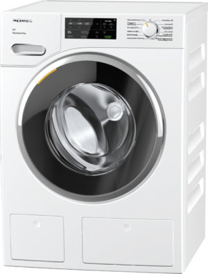 Front-loading washing machine with circular door and control panel at top, white appliance ready for use, showing detergent drawer on left.