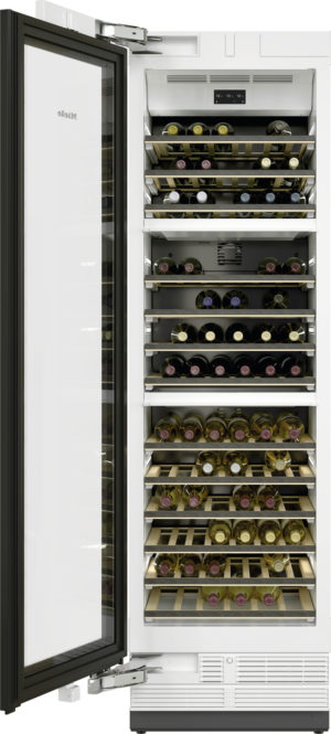Open white wine refrigerator filled with neatly arranged wine bottles on horizontal racks.