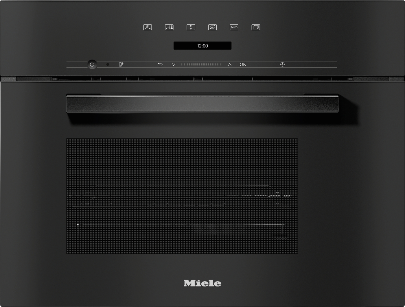 Front view of a black Miele built‑in oven with a horizontal handle and digital clock reading 12:00.