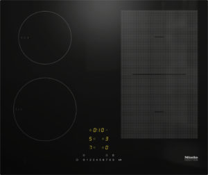 Induction cooktop with two circular cooking zones on the left, a dotted control panel on the right, and a yellow digital display at the bottom center (Miele Induction).