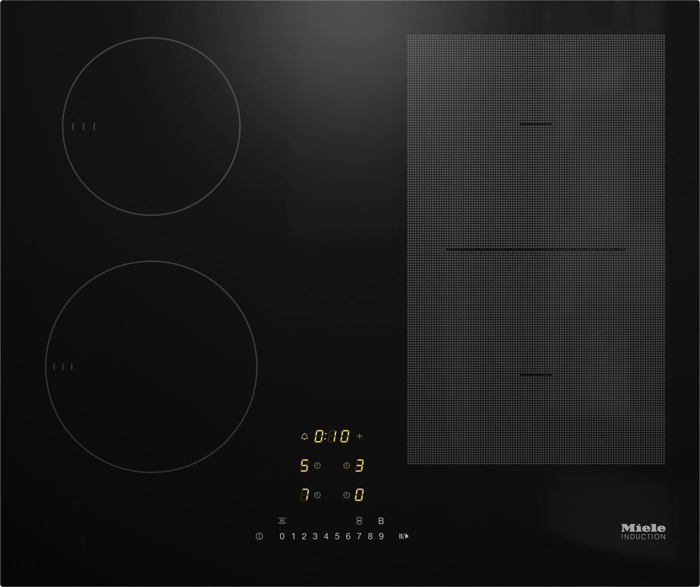 Induction cooktop with two circular cooking zones on the left, a dotted control panel on the right, and a yellow digital display at the bottom center (Miele Induction).