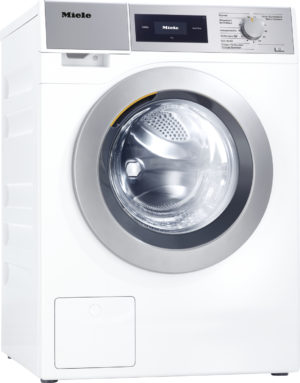 Front-loading Miele washing machine with circular door and digital control panel on top-right