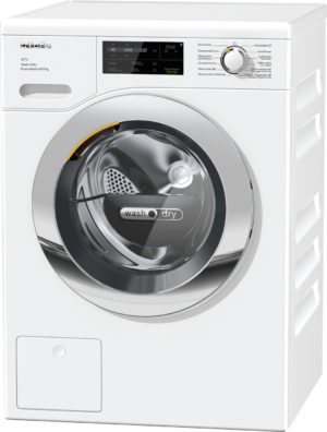 White front-loading washing machine shown from the front with a large circular door and a control panel above the door