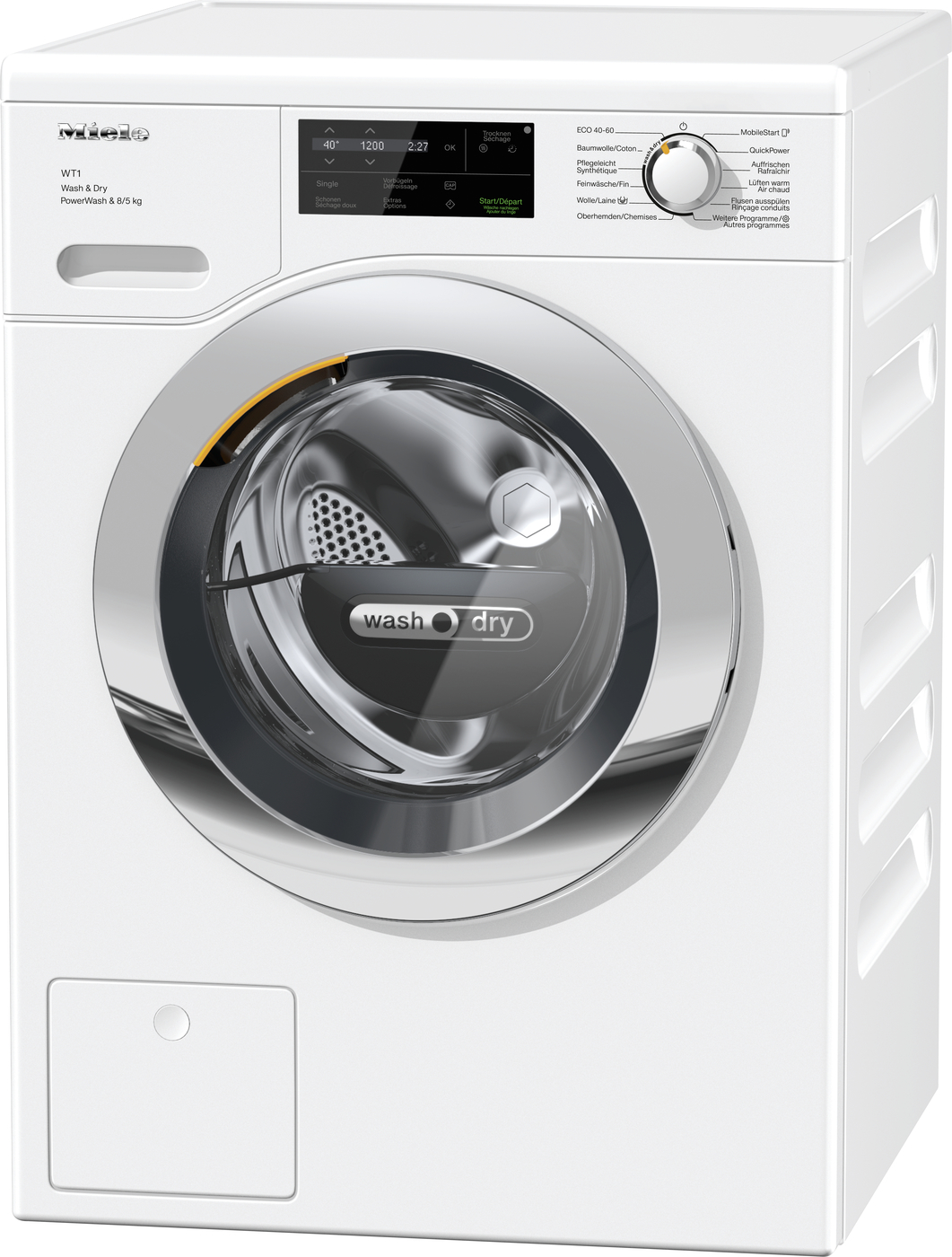 White front-loading washing machine shown from the front with a large circular door and a control panel above the door