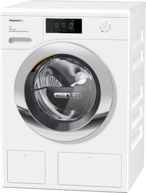 White front-loading washing machine with a digital display and large circular door.