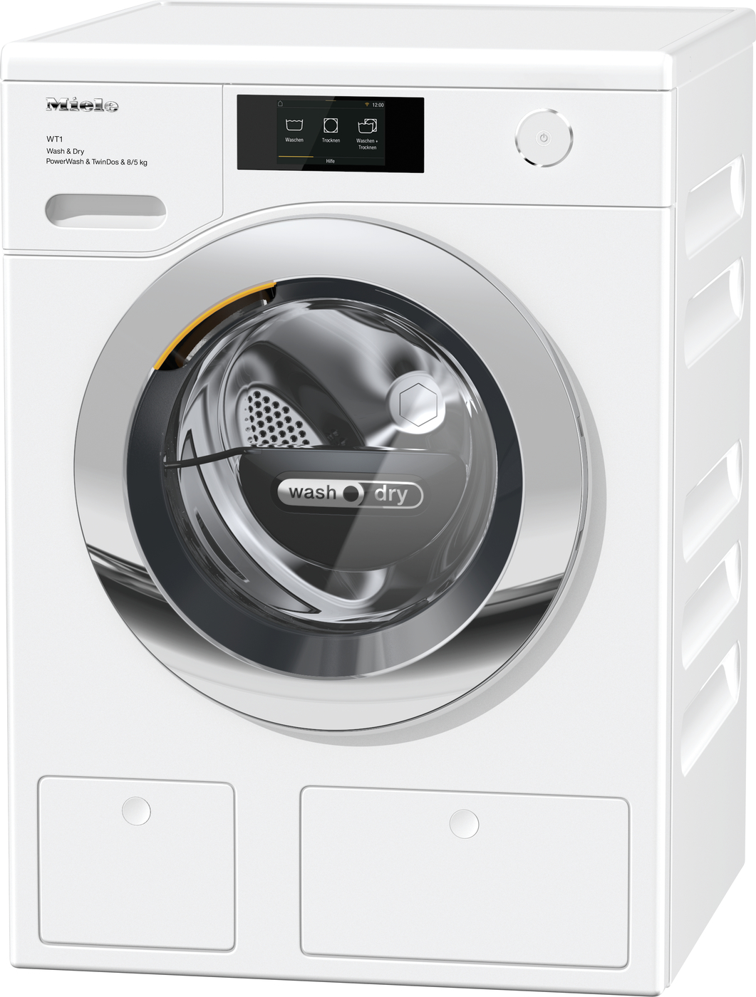 White front-loading washing machine with a digital display and large circular door.