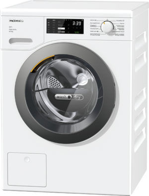 White front-loading washing machine with a circular door and digital control panel on the top front