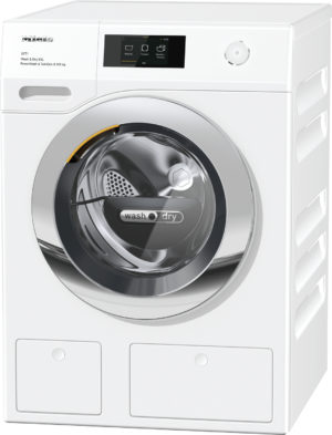 Front-loading Miele washing machine with a large circular door, digital touchscreen display, and a round power button on the top panel; white appliance with detergent drawers at left and two lower access panels.