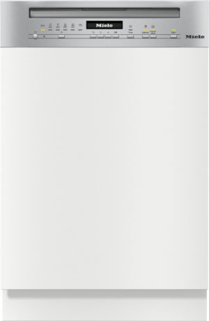 Front view of a white Miele dishwasher with a stainless steel control panel at the top.