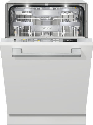 Miele dishwasher with door open, showing empty upper and lower racks inside a stainless interior.