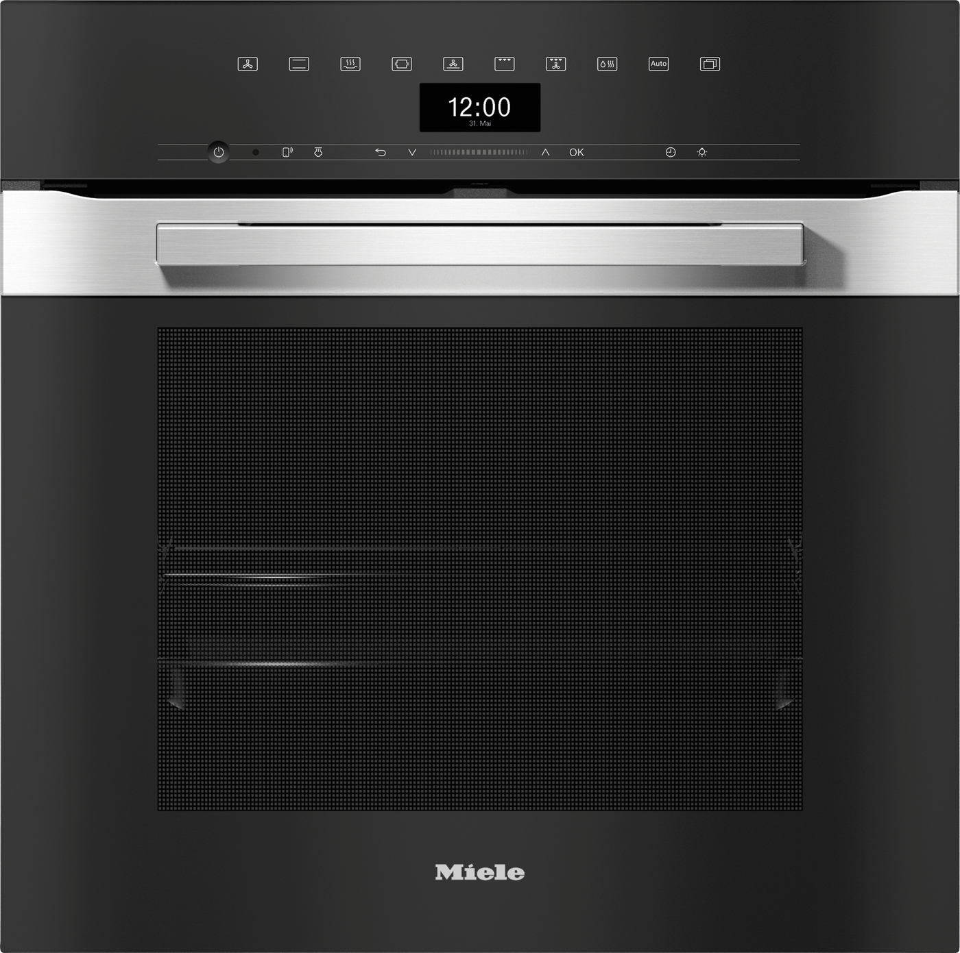 Black built-in kitchen oven with a stainless steel handle and touch-sensitive control panel; digital display shows 12:00, '31. Mai'