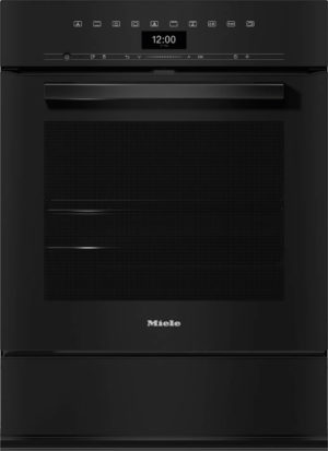 Front view of a black Miele oven with a handle, glass door, and a digital clock reading 12:00 at the top control panel