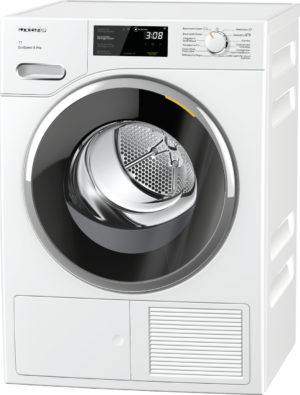 Front-loading washing machine with open drum and control panel on top.