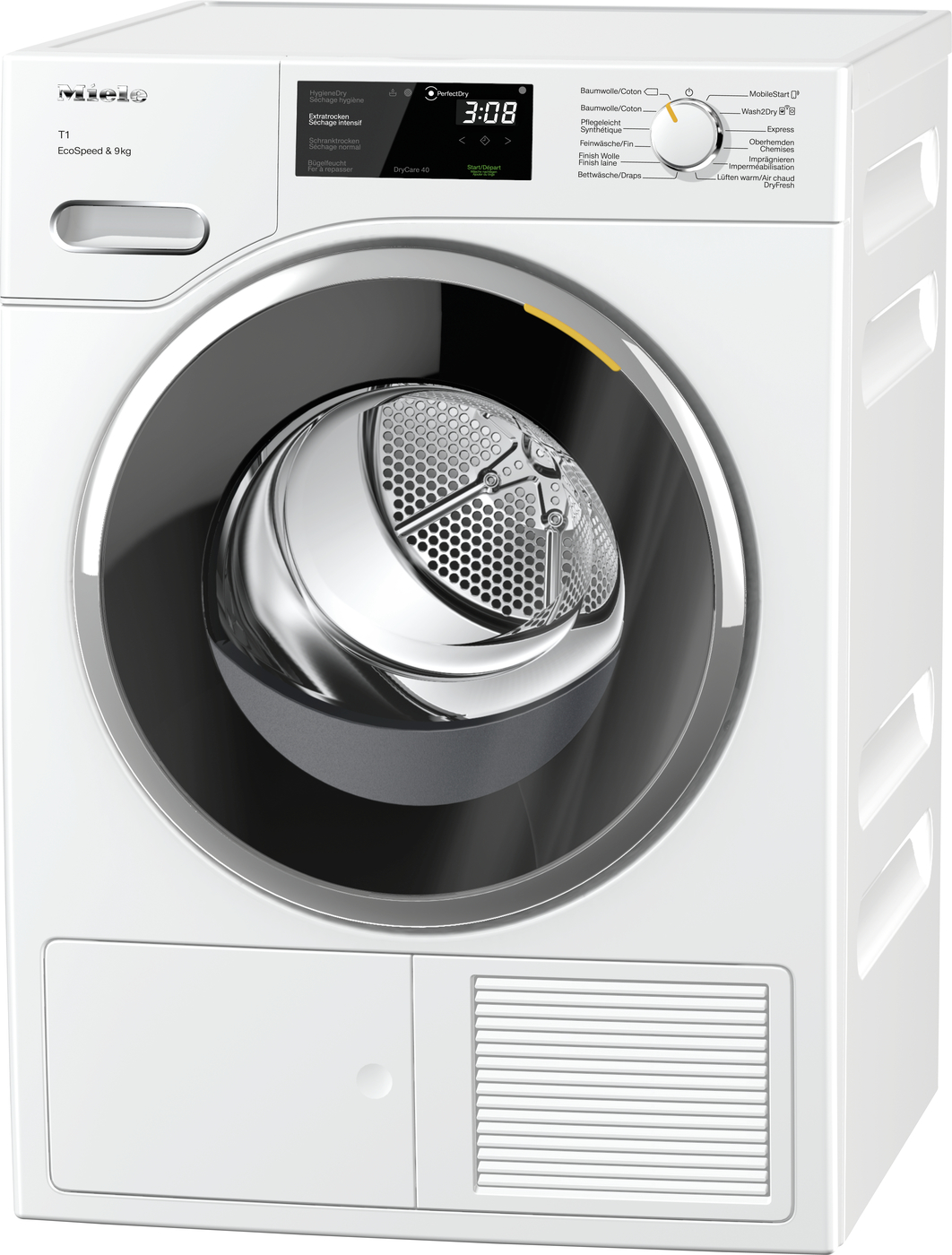 Front-loading washing machine with open drum and control panel on top.