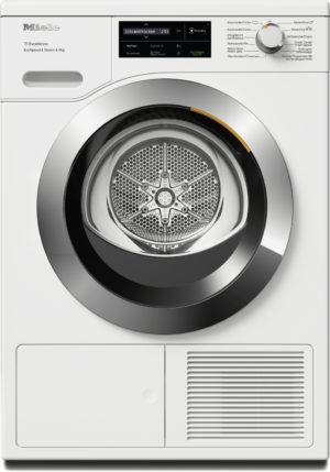 Front-loading Miele washing machine: white cabinet, large circular chrome door, control panel above, detergent drawer on left.