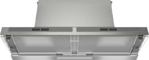 Front view of a stainless steel wall-mounted range hood with two mesh grease filters and glass side panels.