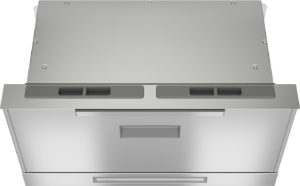 Stainless steel appliance viewed from above, showing a vented top panel with screws and a front panel with a horizontal handle/slot assembly.
